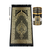 Gebed cilinder met luxe gebed mat en gouden islamitische patronen op zwart